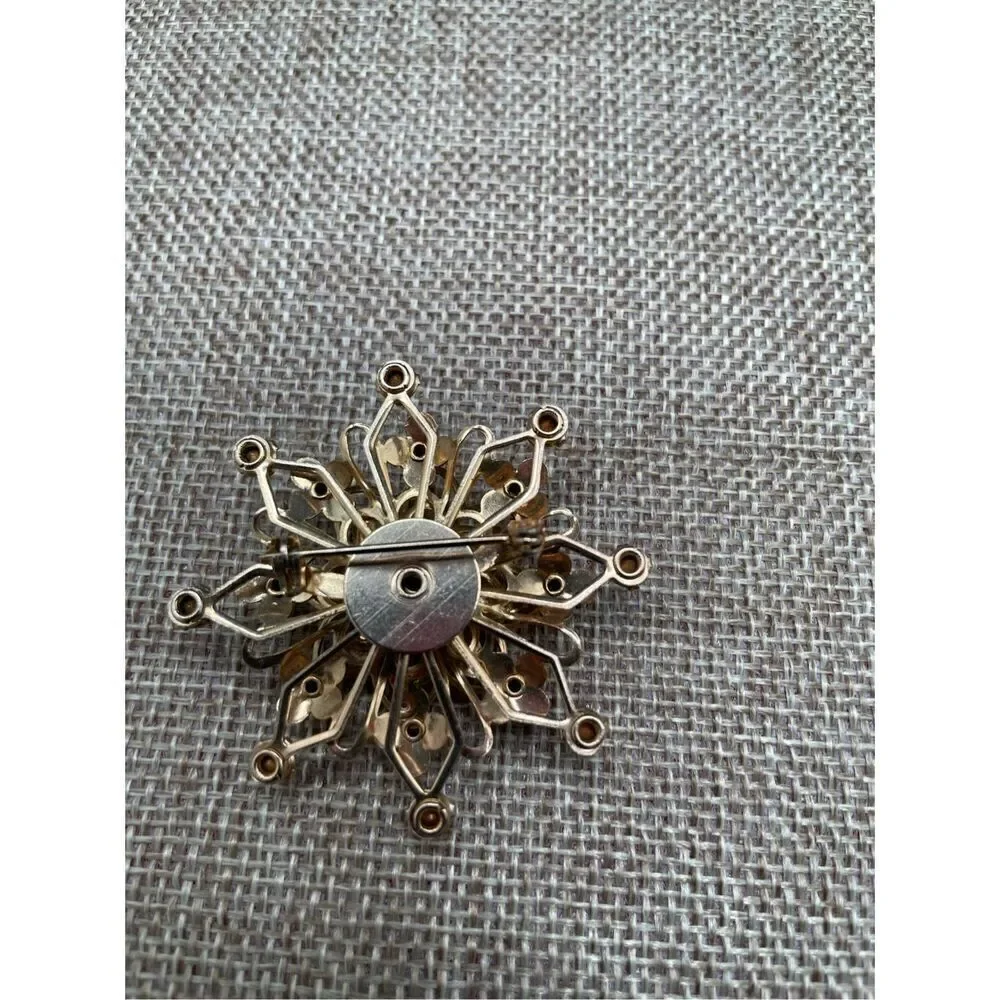 Vintage Brooch Pin Gold Tone Blue Rhinestones Costume Snowflake Grannycore